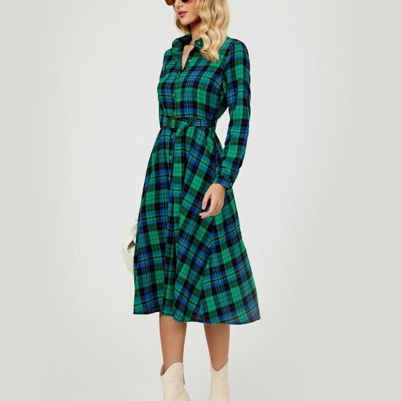 Women's Plaid Maxi Dress Long Sleeve Collared Belted Button Down Casual - Picture 6 of 6